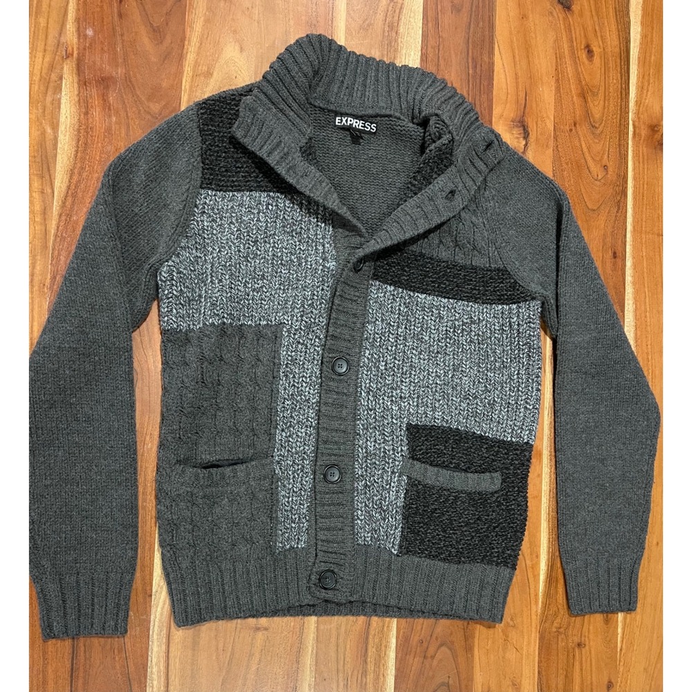 Express Mens Merino Wool Blend Patchwork Cardigan Sweater Gray Shawl Neck Medium